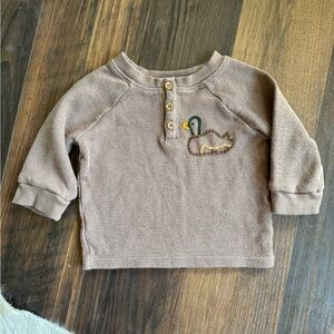 Hand Embroidered Mallard Duck Henley 6/9 months Cotton